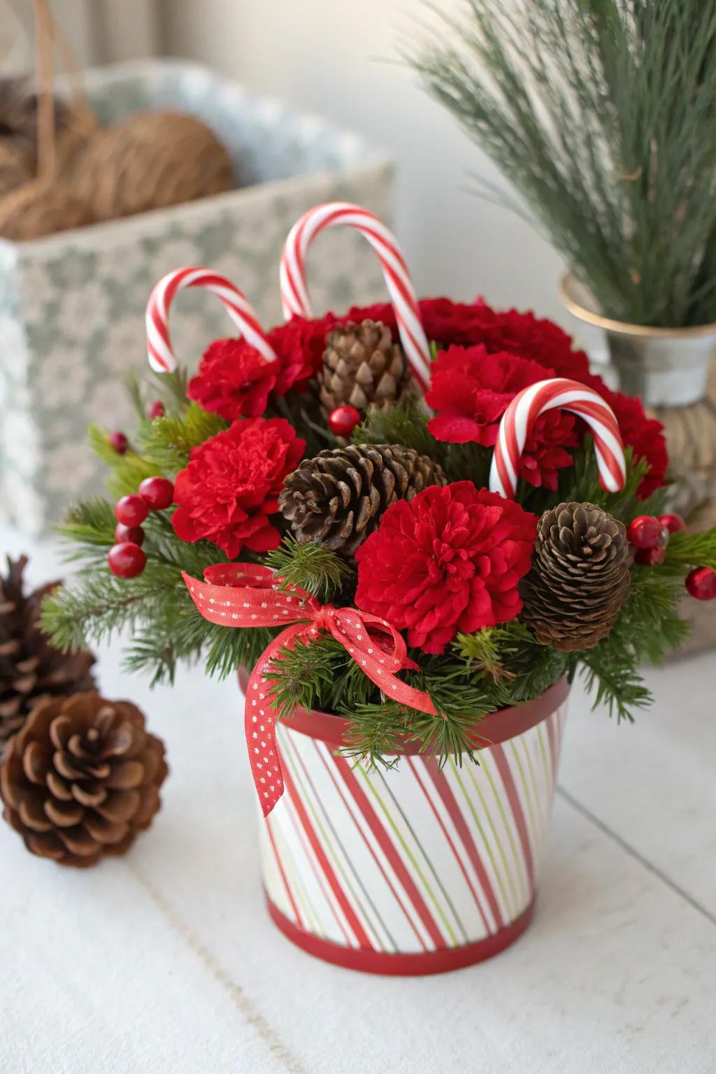 A spirited Christmas bouquet showcasing confection rods and scarlet cloves.