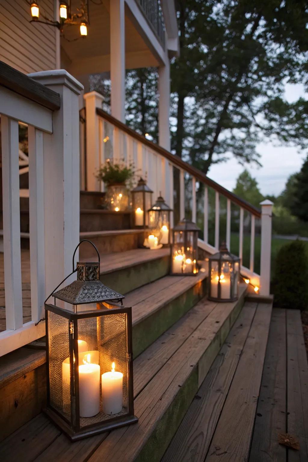 Lanterns with candles illuminating the veranda steps.