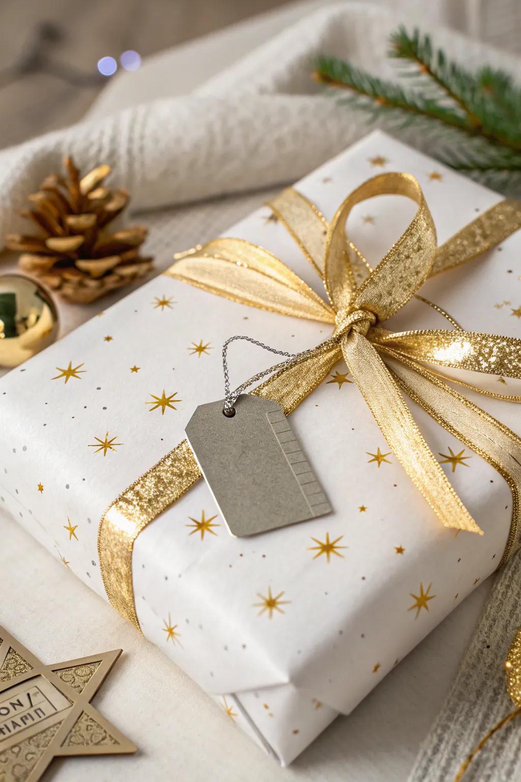 Minimalist white and gold gift wrapping gives it a modern feel.