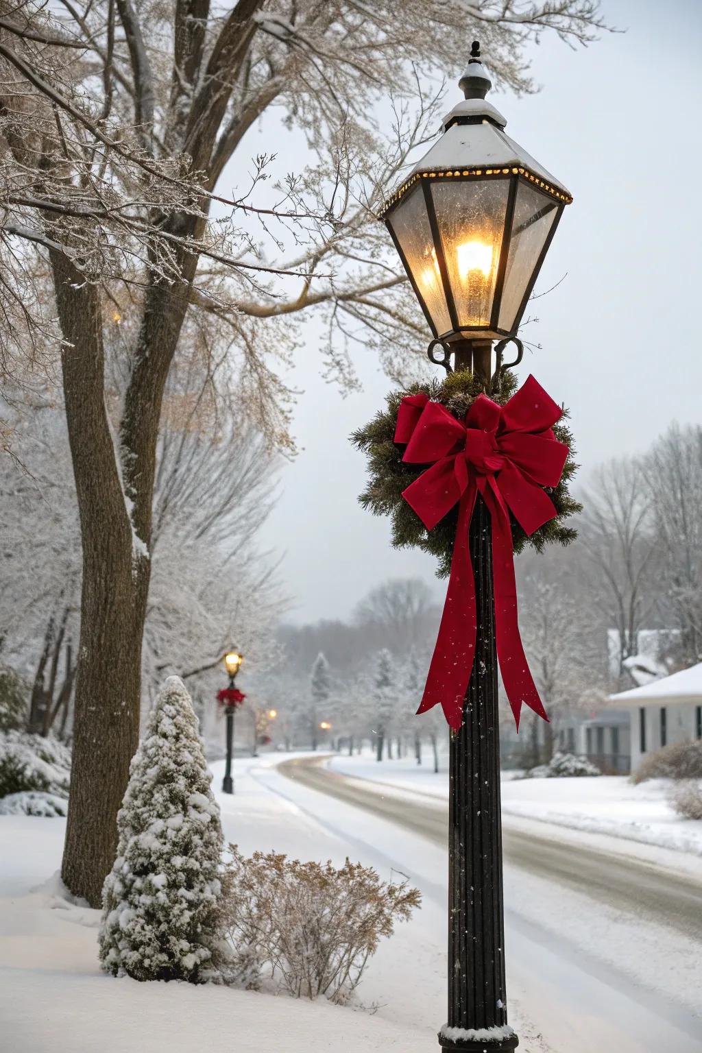 A classic red bow imparts festive sophistication to a lamp post.