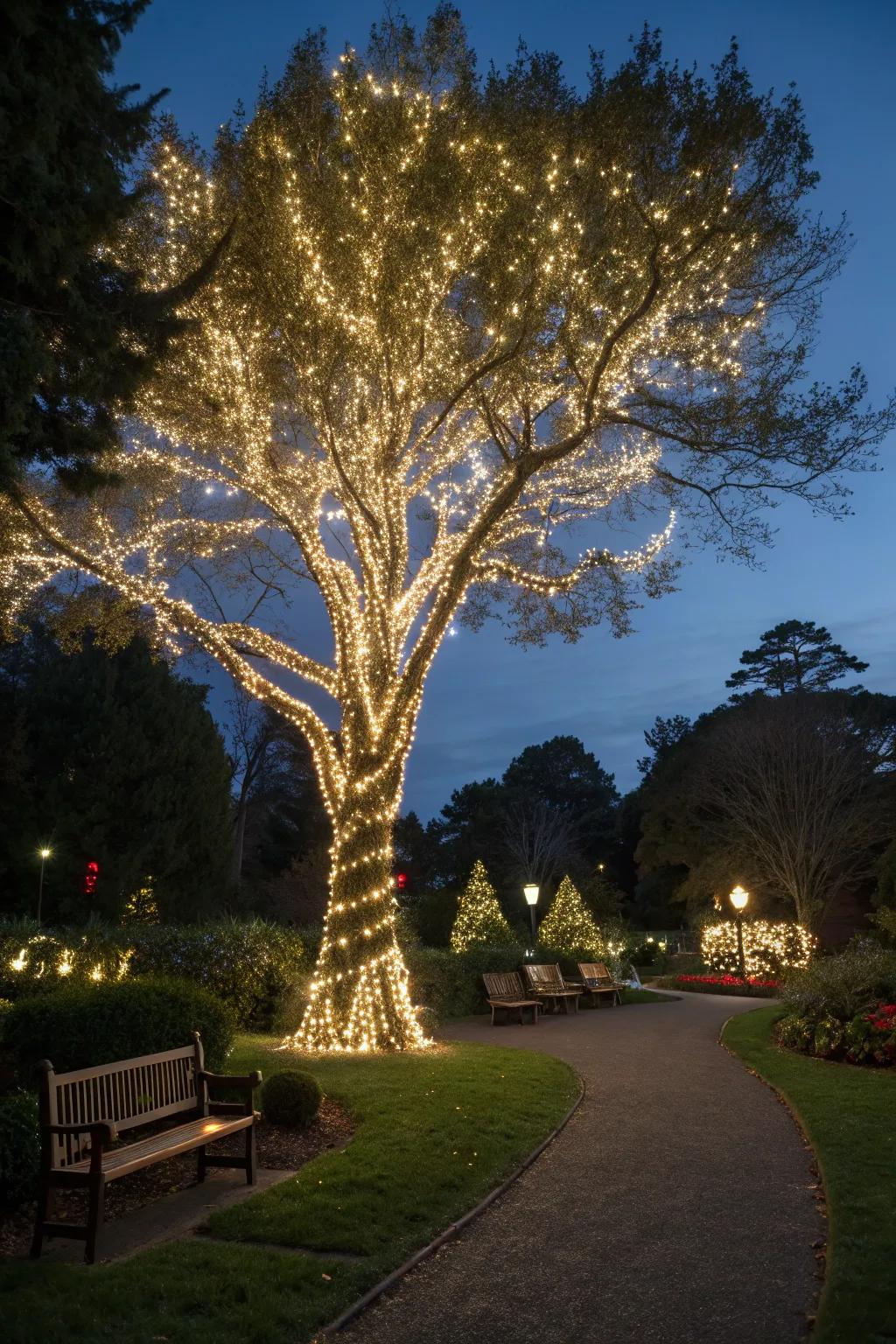 A large tree encircled with shimmering lights, creating a magical atmosphere.