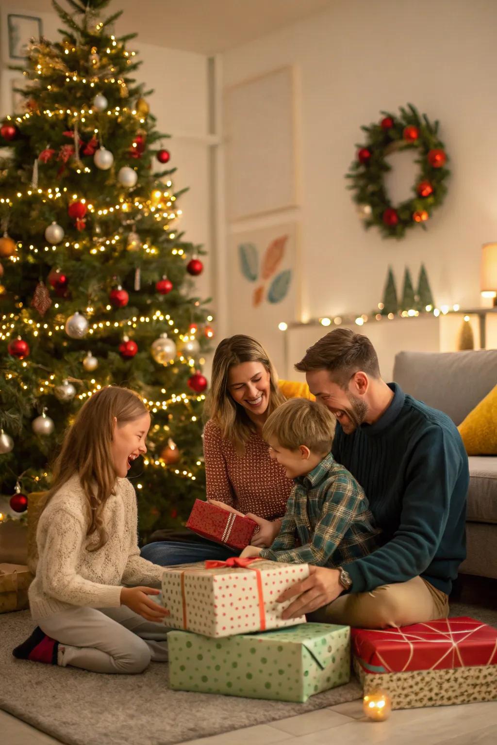 A family reveling in the excitement of opening Christmas gifts around the tree, bathed in the warmth of holiday cheer.