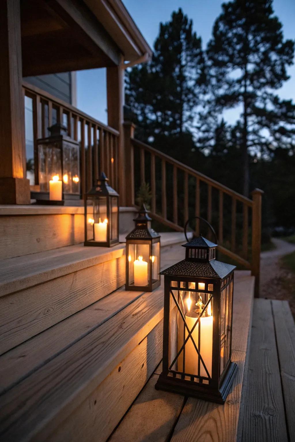 Country-style light fixtures brightening the porch steps for a welcoming access.