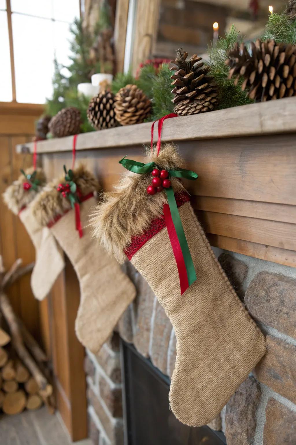 Rustic burlap and shearling stockings introduce warmth and texture to your holiday decor.