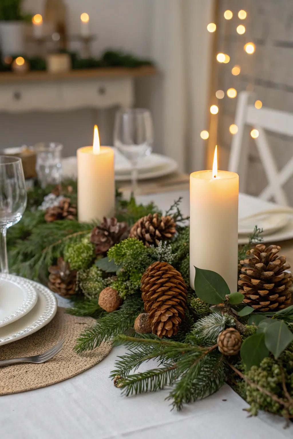 Acorns contribute pastoral charm to the holiday gathering.