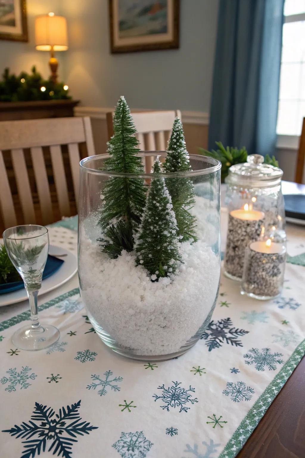 Charming winter: imitation flurry and miniature firs bring the natural world inside.