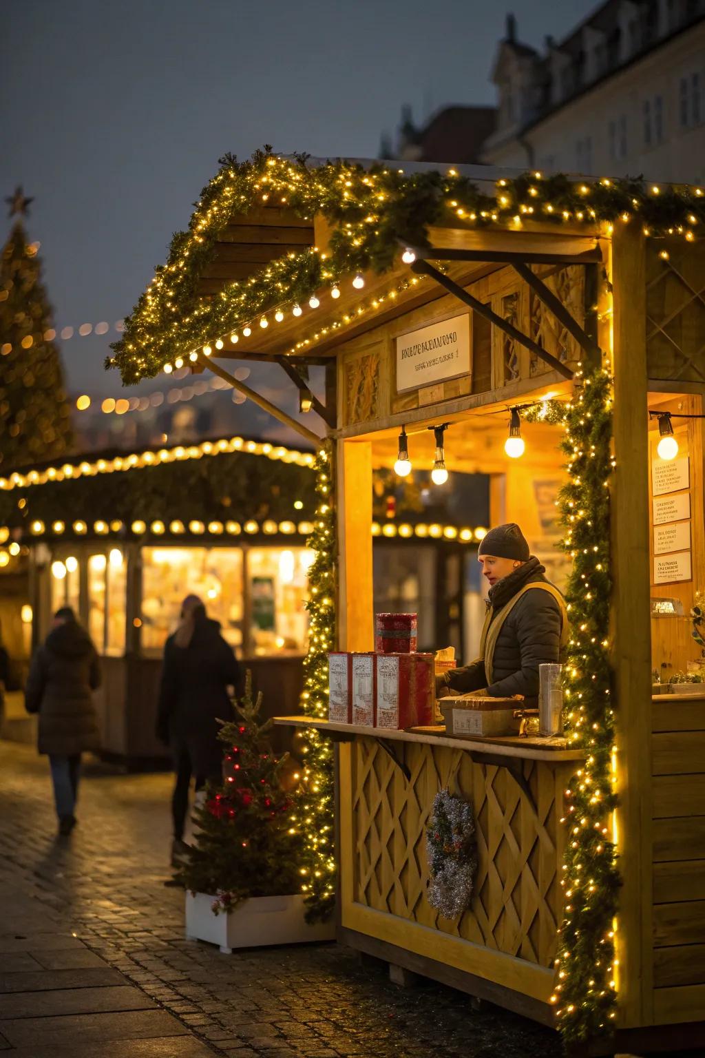Warm festive illumination casts a welcoming glow upon your stall.