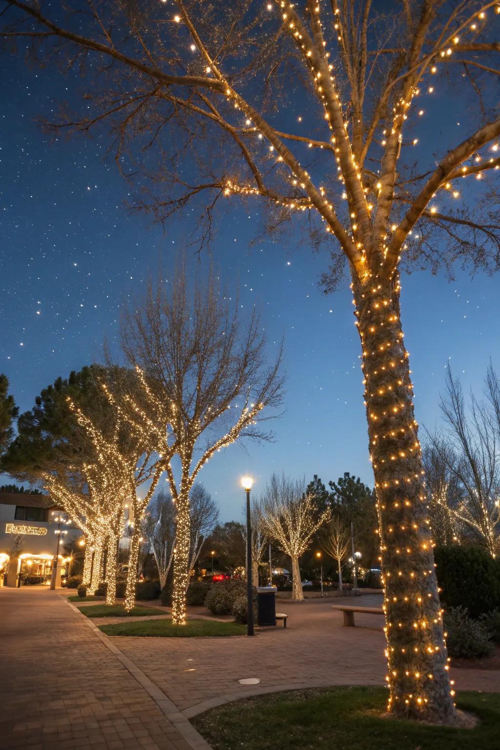 Trees gracefully swathed in soft white Christmas lights.