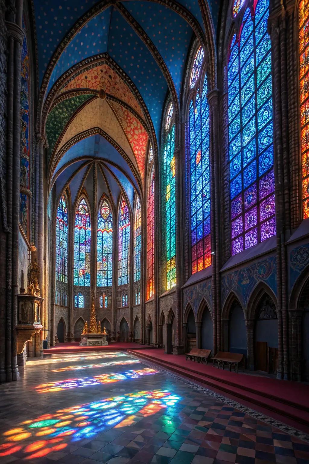 A church interior featuring vibrant stained glass windows.