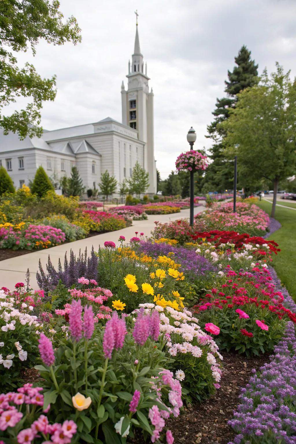 Colorful flower beds infuse a touch of inspiration into church gardens.