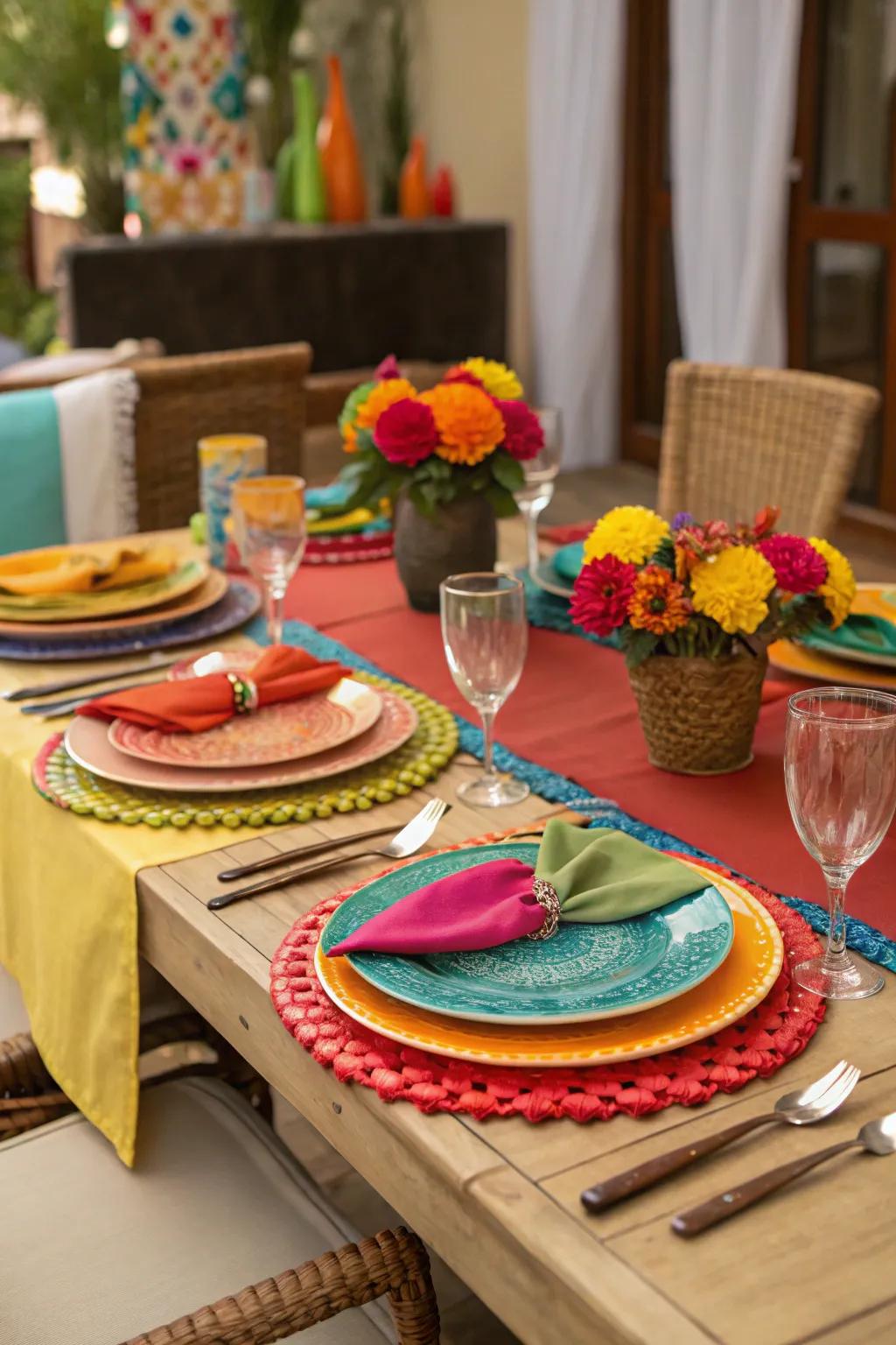 Cultivate an energetic table setting using brilliantly colored tableware.