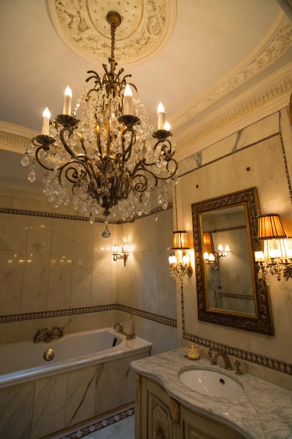 A decorative chandelier amplifies the bathroom's sophistication.