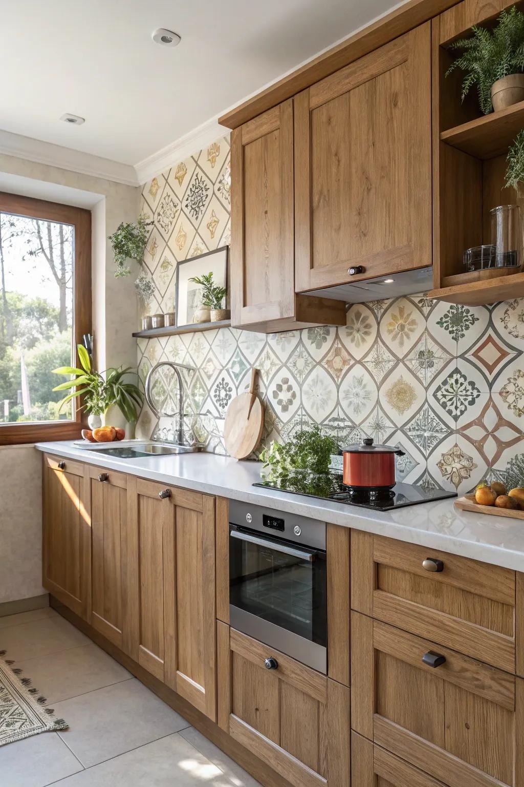 Themed squares inject a touch of sophistication into a traditional kitchen.