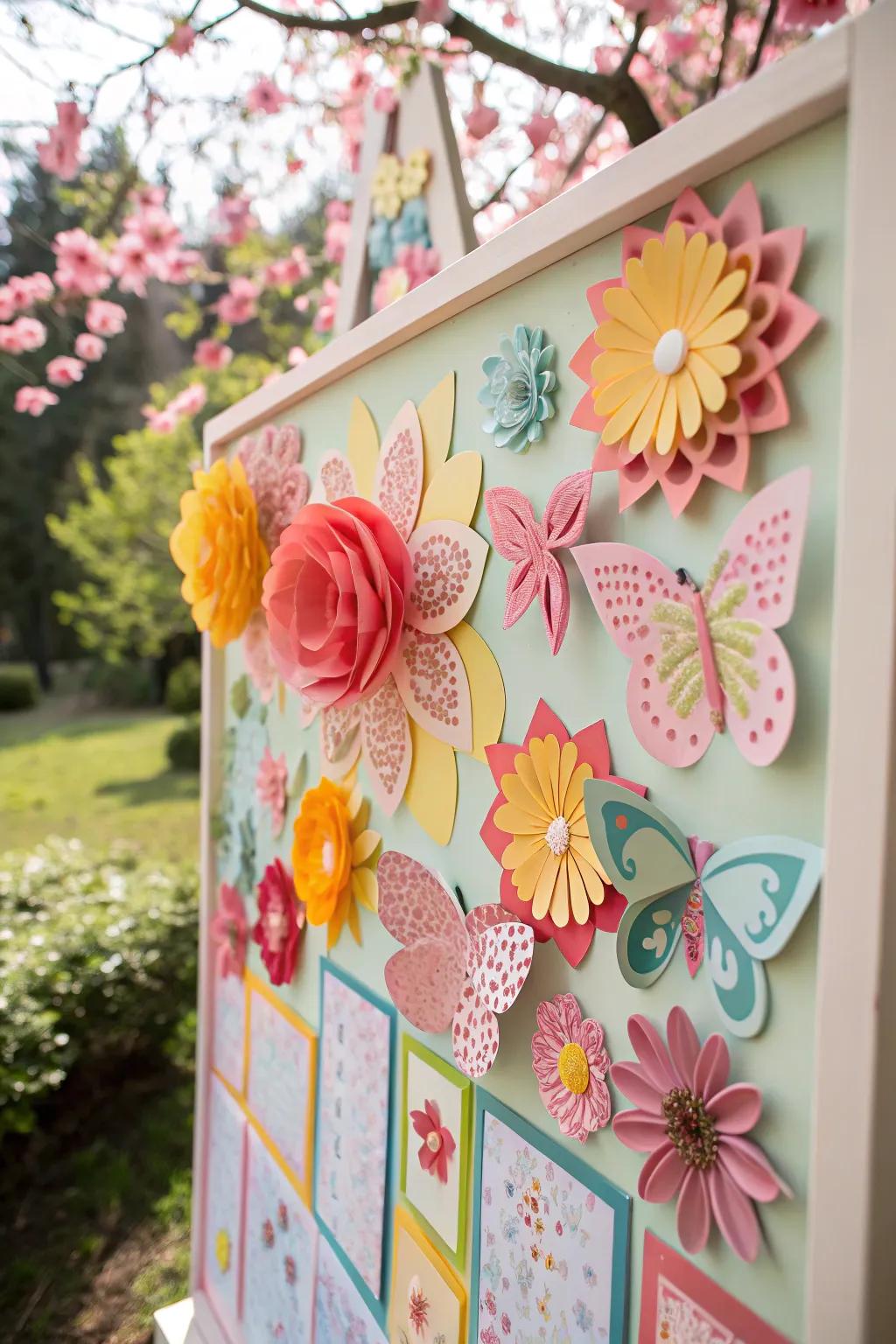 A vibrant spring-inspired board with 3D flowers and moths.