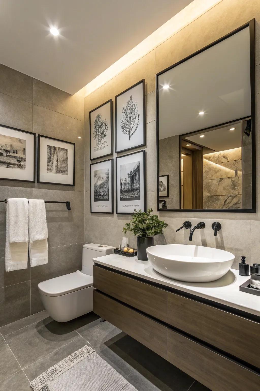 A simple bathroom showcasing black-and-white prints for a sleek, modern aesthetic.