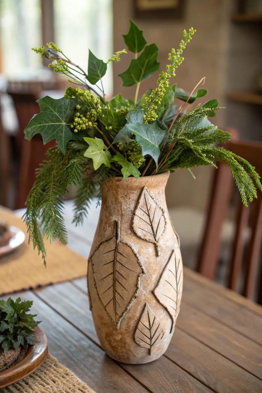 An earthenware vase inspired by nature with patterns evocative of leaves and bark.
