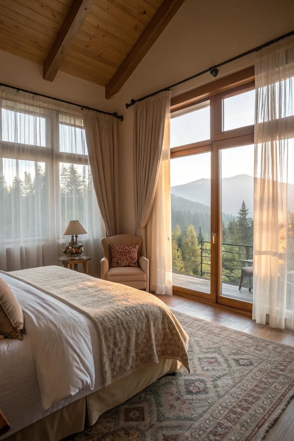 A sun-drenched bedroom showcases a bright and welcoming atmosphere.