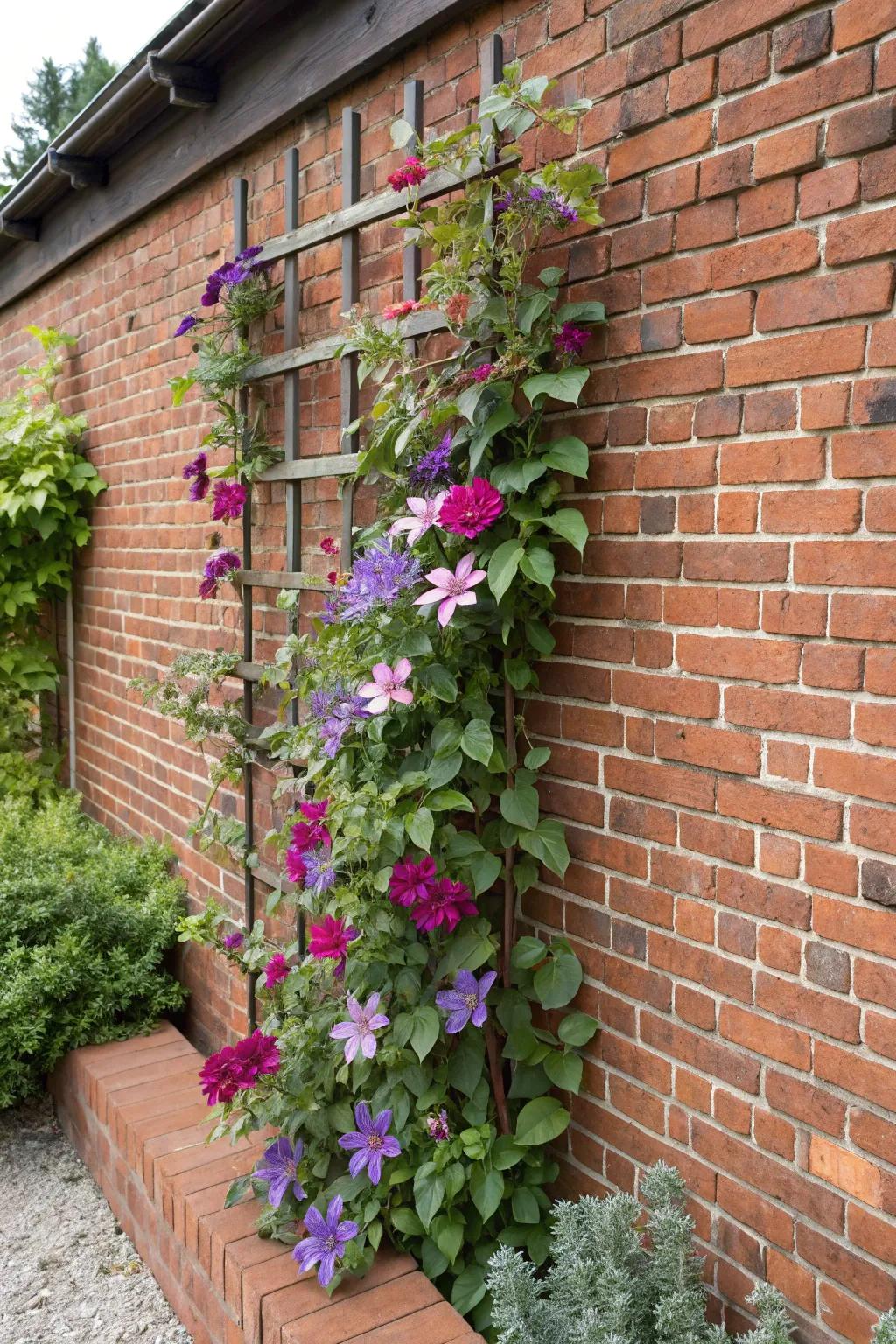 A mounted climbing support displays clematis flowers with beauty against a stone wall.