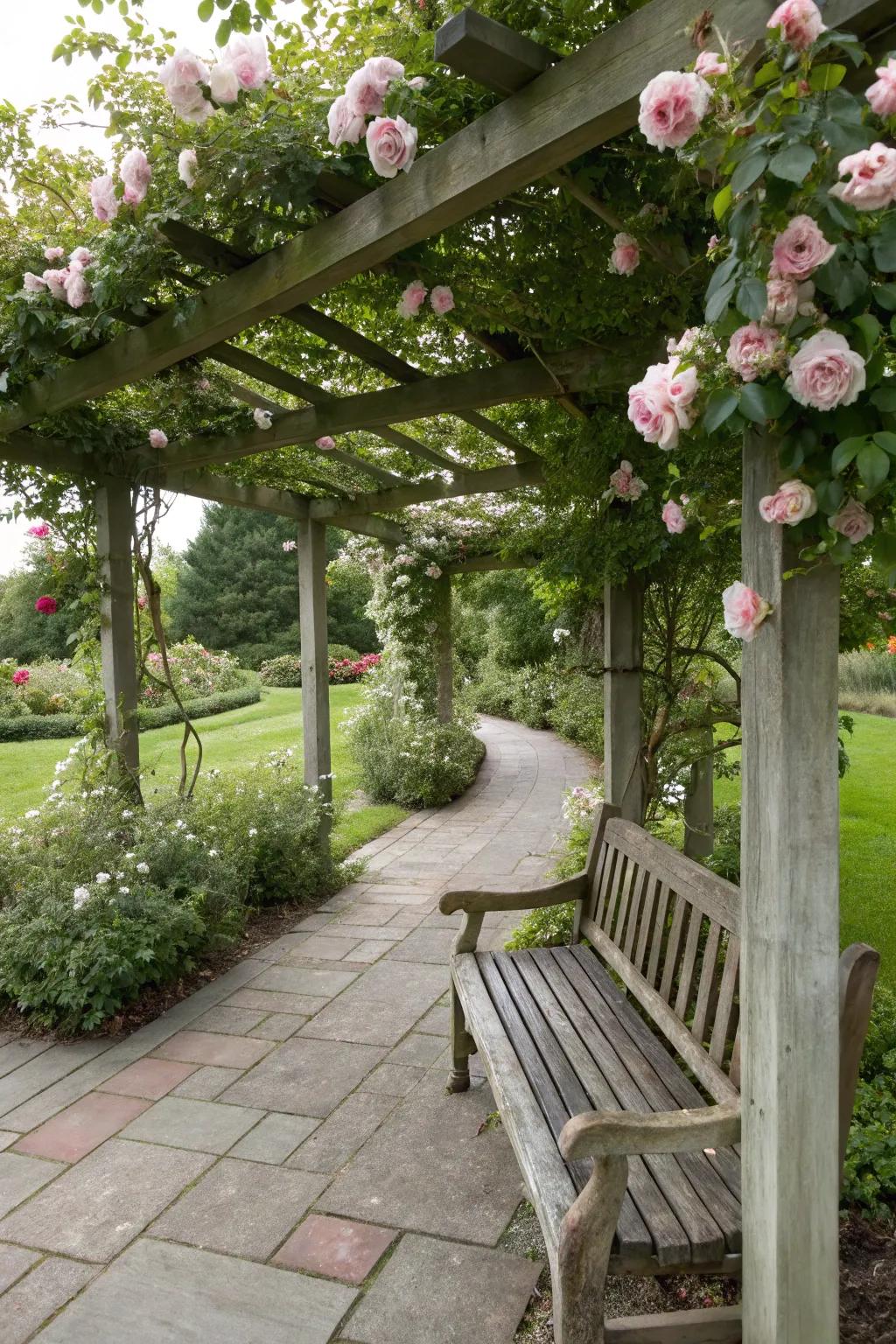 Design a dreamy escape with a pergola draped in roses.