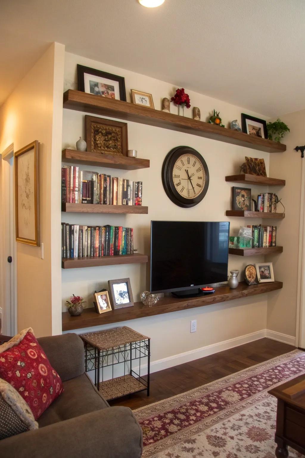 Suspended shelves complementing a clock above a TV, ideal for presenting decor.