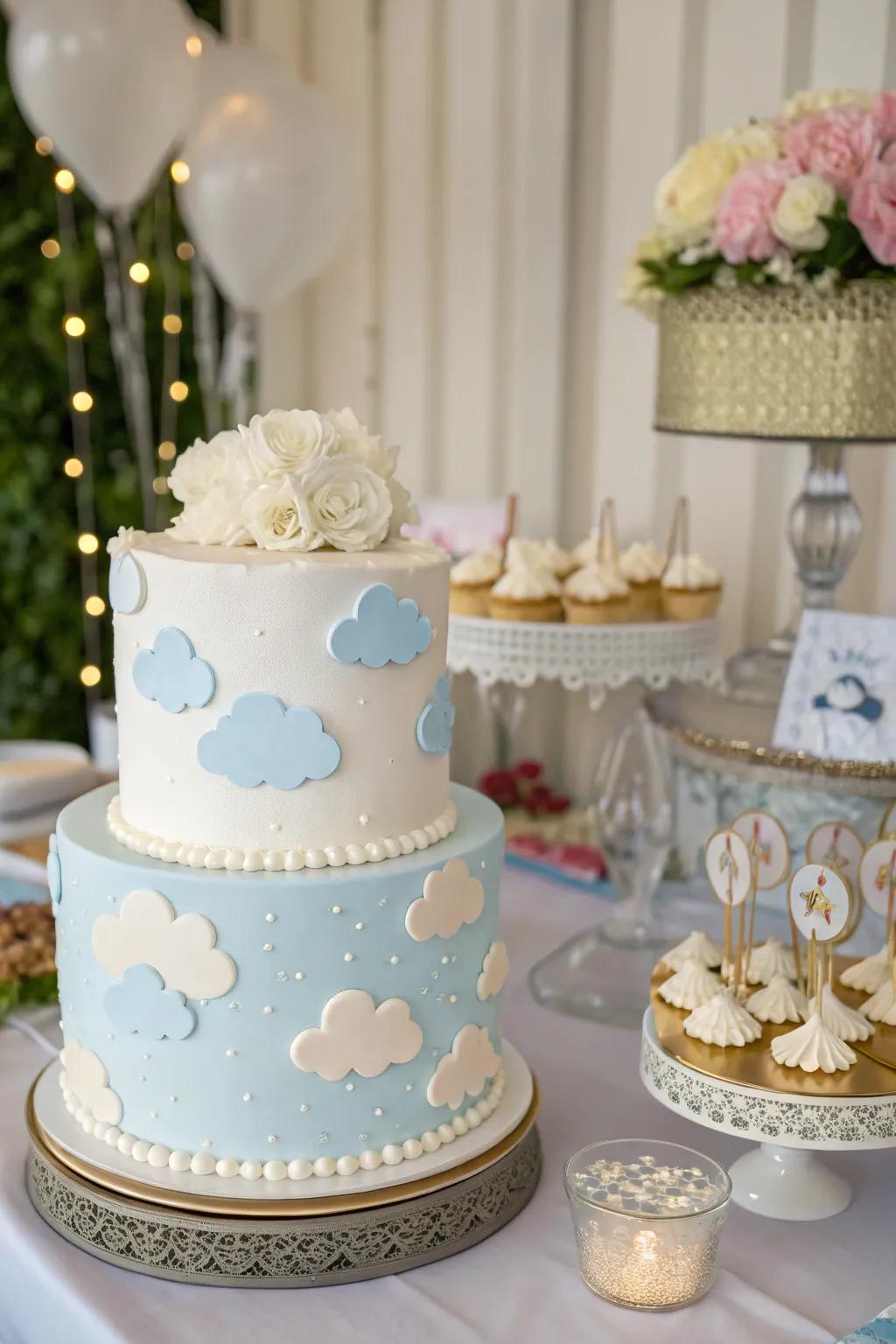 A sky-inspired cake acts as a delightful centerpiece, infusing sweetness into the celebration.