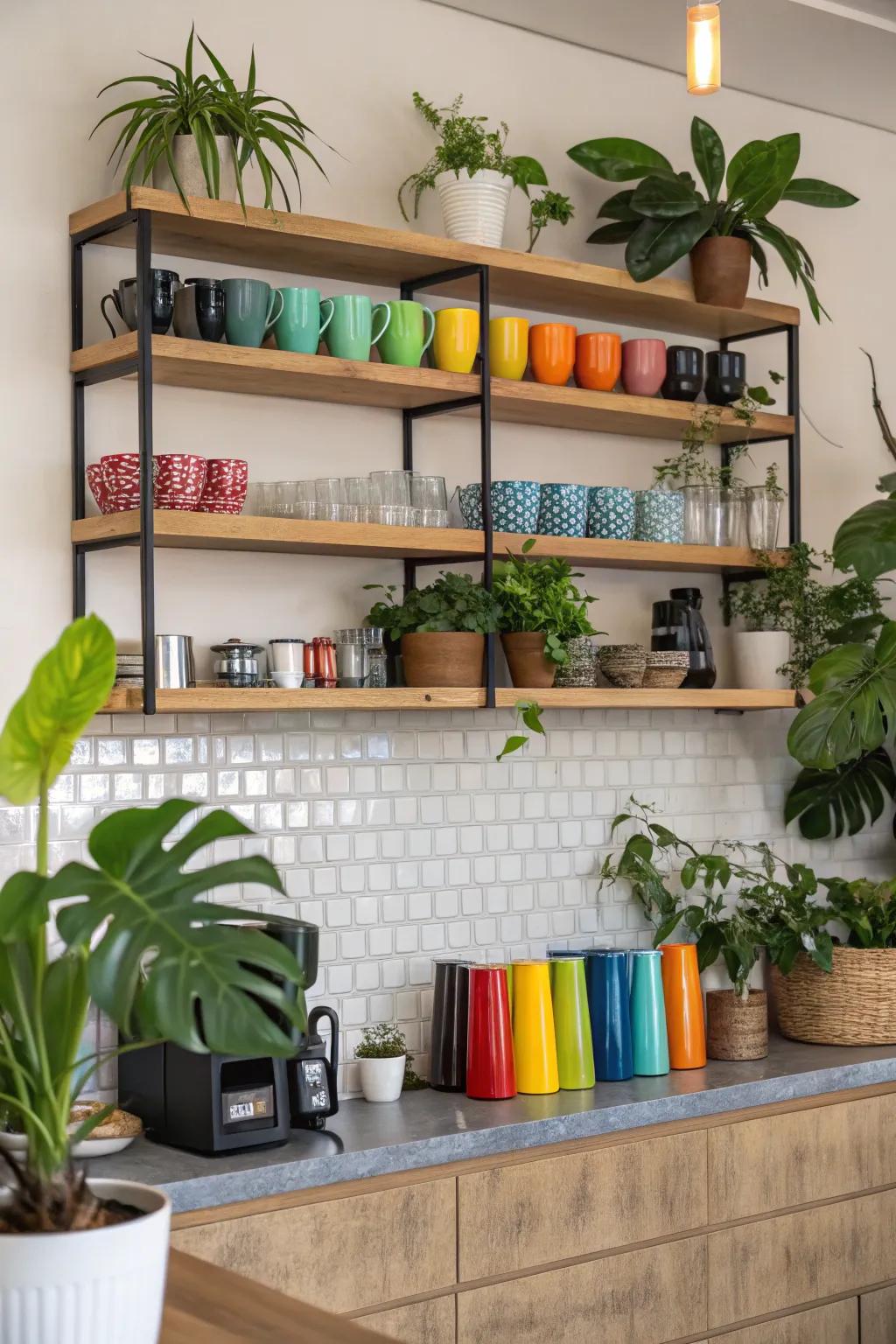 Unconcealed shelves exquisitely exhibiting coffee must-haves.