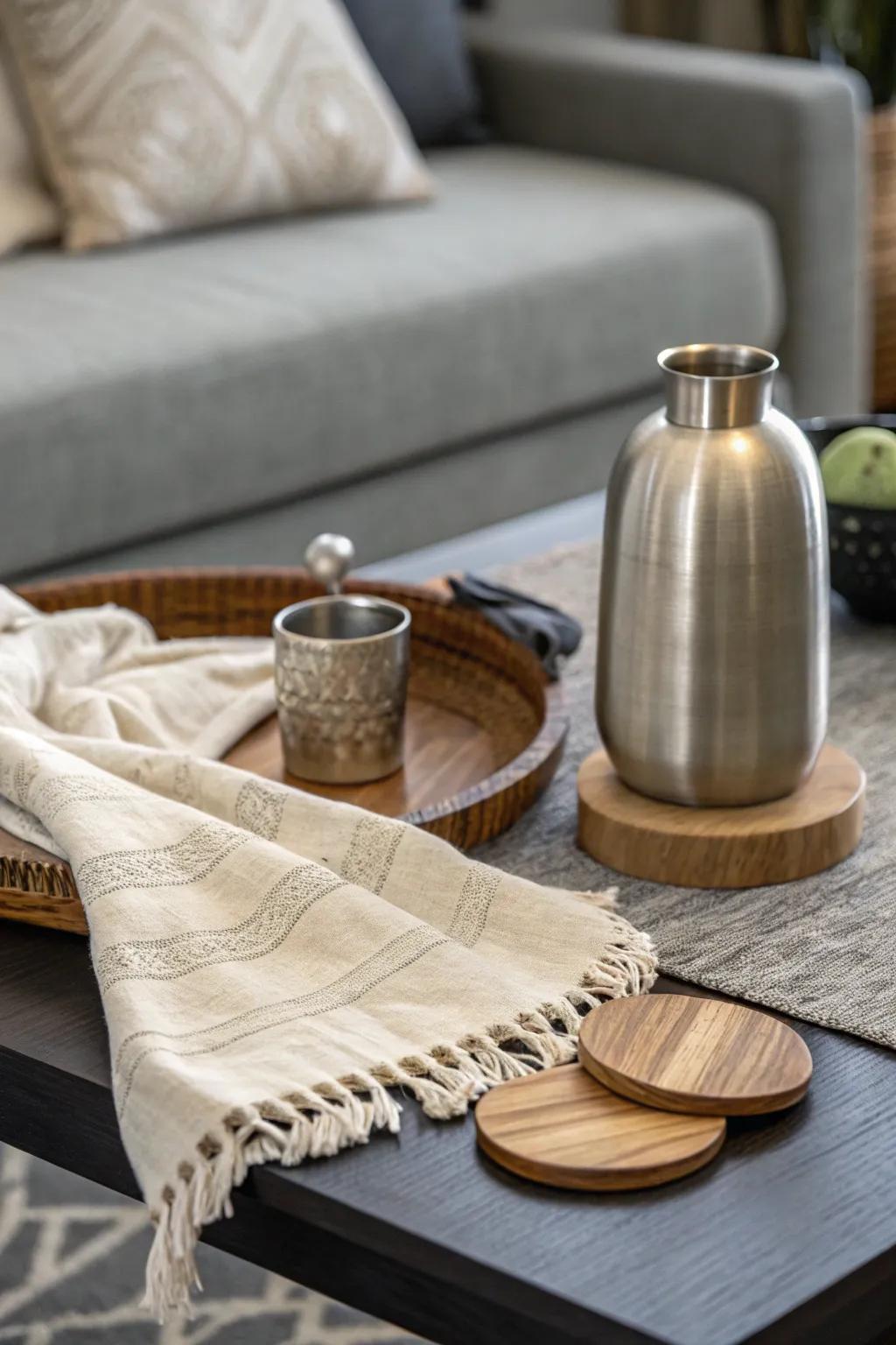 Layering textures lends complexity and allure to your coffee table aesthetic.