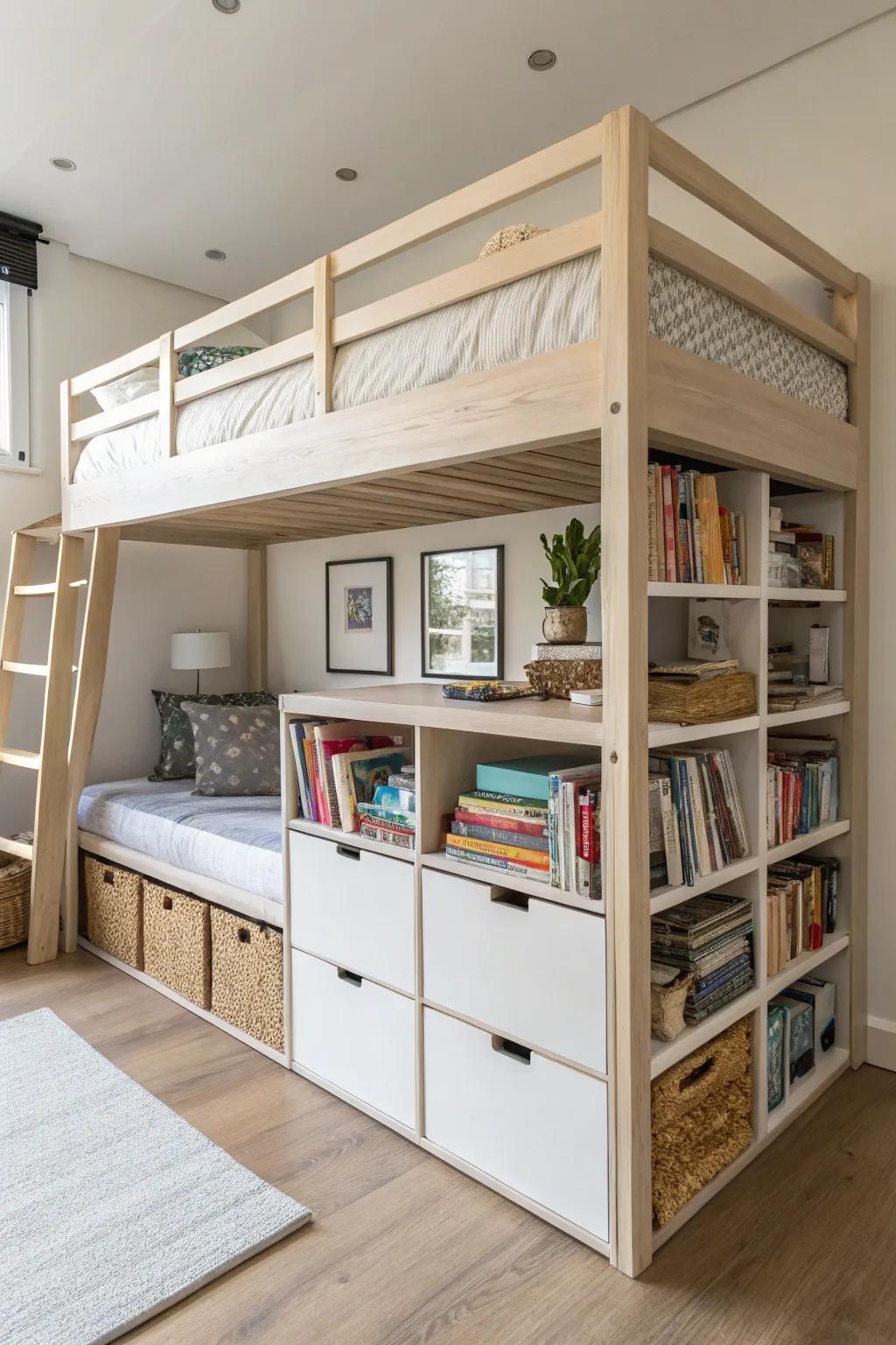 Maximize space with clever storage solutions under your sky-high sleeper.