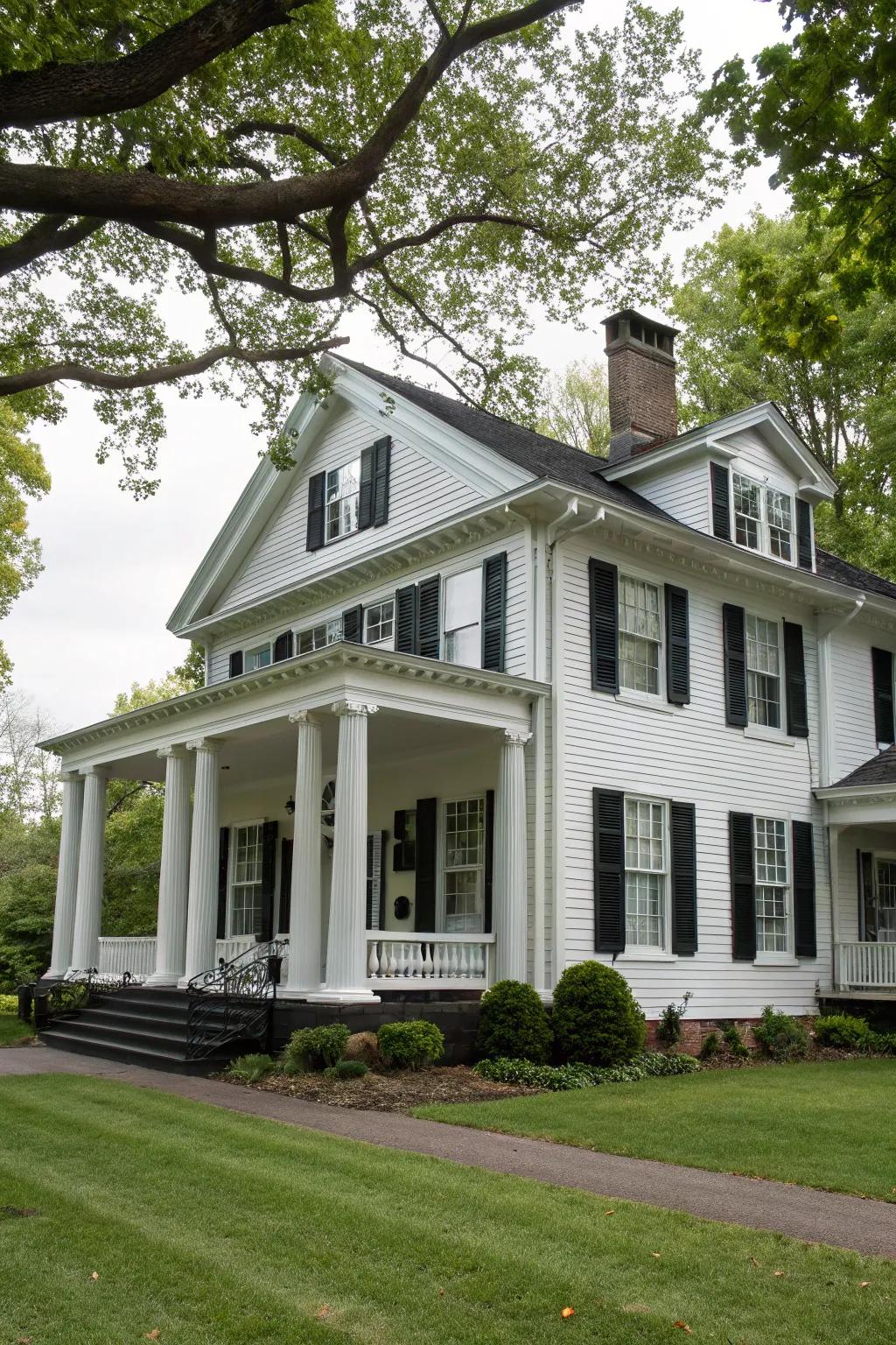 Colonial-style abode adorned with ivory siding and ebony detailing.