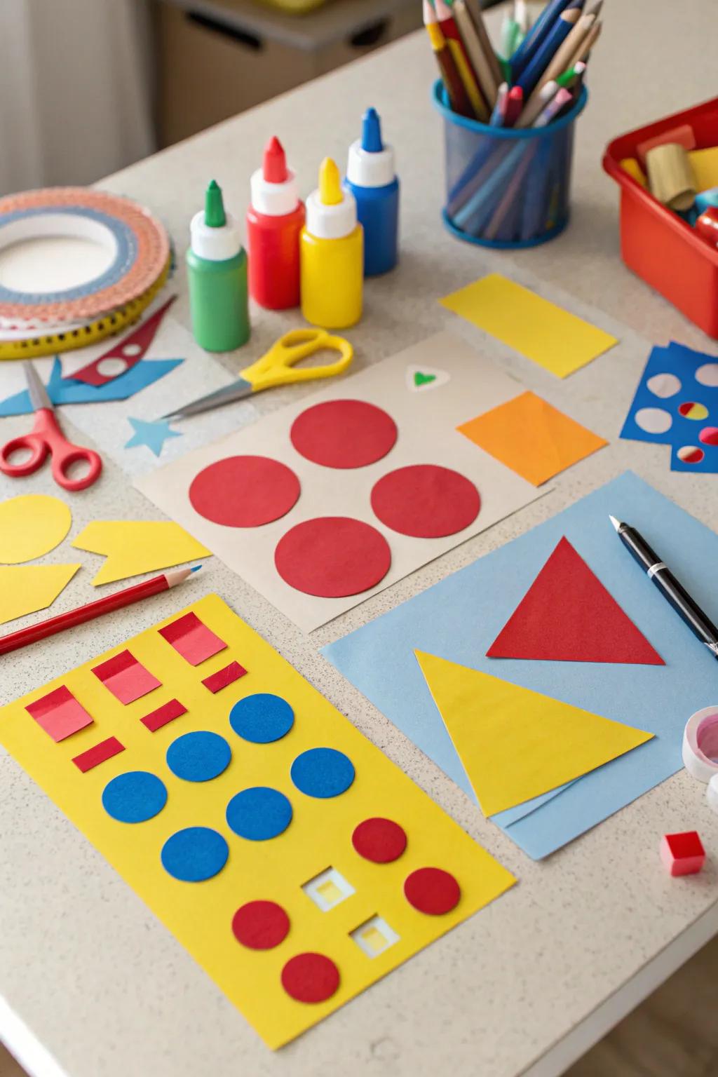 A youngster's artistic arrangement showcasing basic shapes and vivid hues.