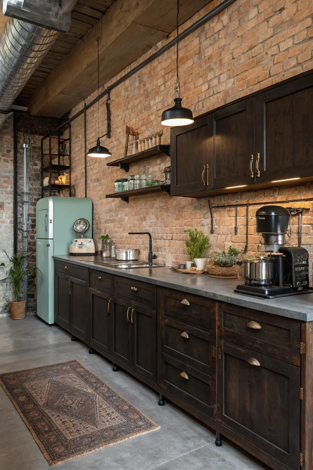An urban-style kitchen featuring dark cabinets and exposed brick for a cozy, modern environment.