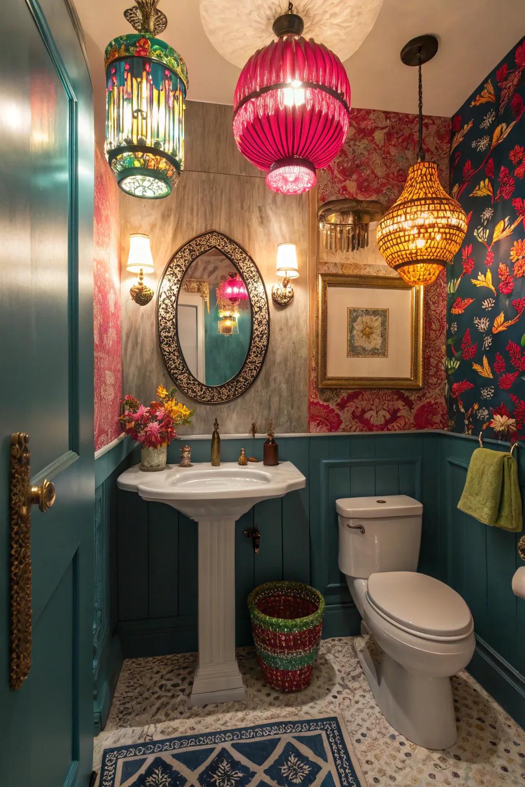 Distinctive ornamental illumination enhances the colorful décor of this guest bathroom.