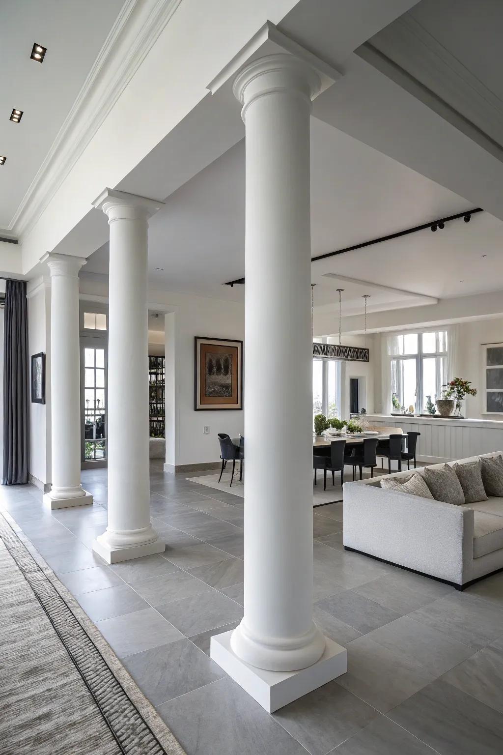 Understated columns provide subtle separation in a sleek, modern living area.