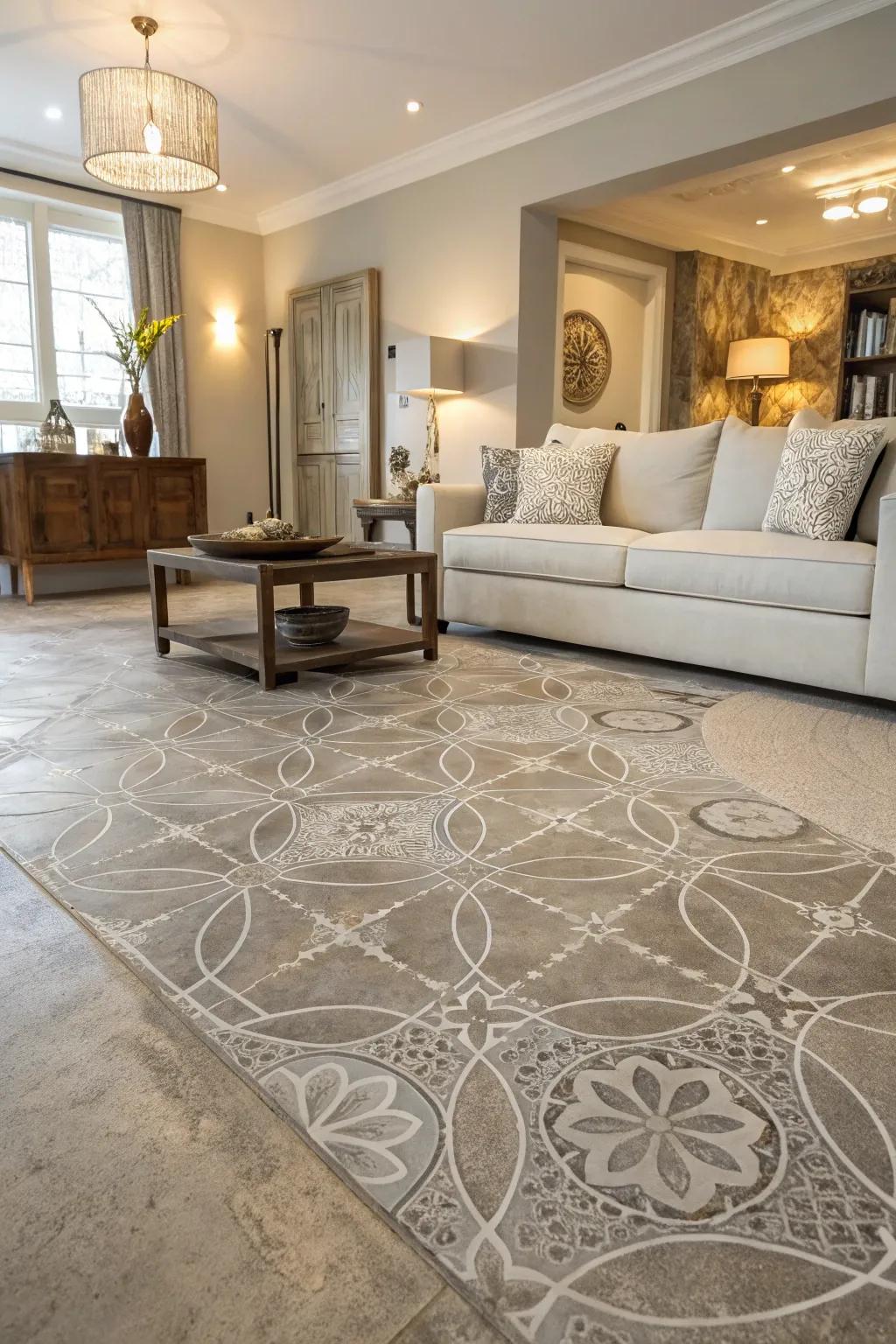 Textured concrete flooring adding dimension and intrigue to a stylish living area.