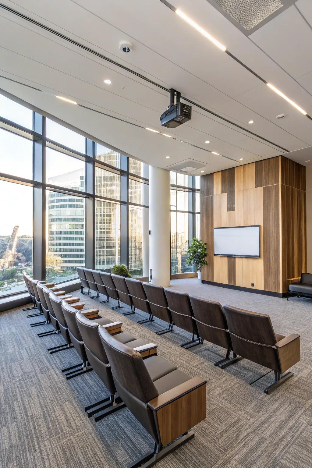 Adaptable seating arrangements accommodate diverse meeting formats.