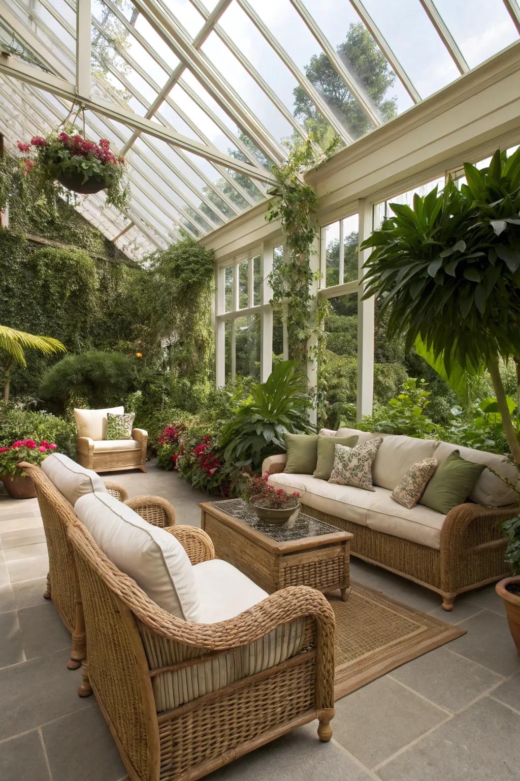 A welcoming seating layout in a sunroom featuring lavish couches and woven chairs.