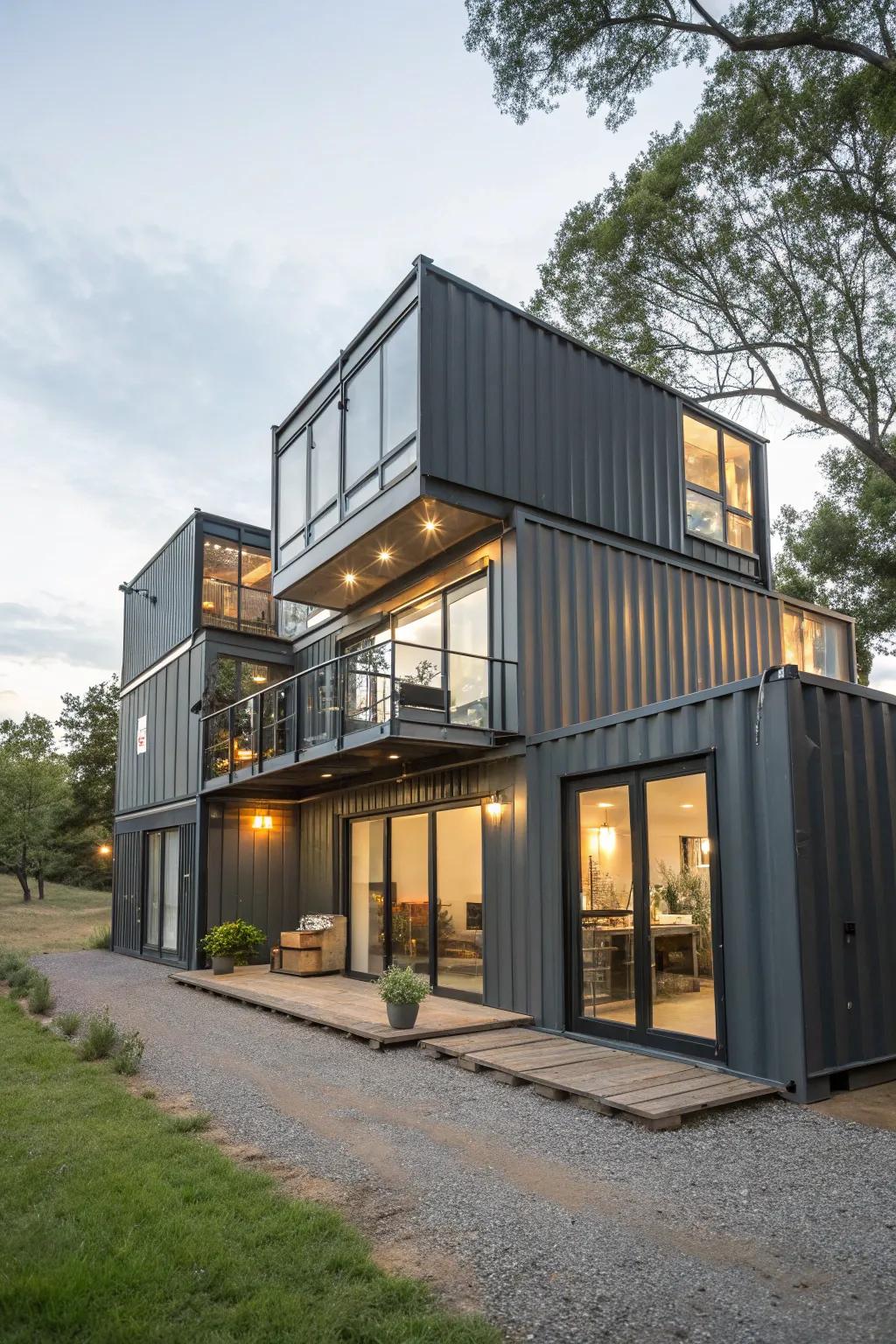 Creative stacking crafts an impressive multi-level container residence.