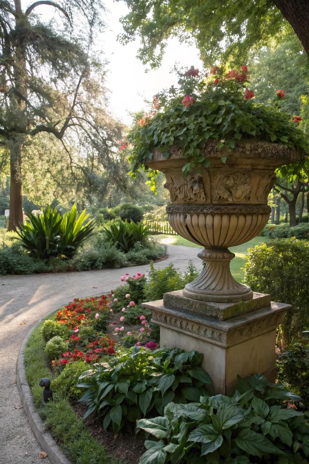 A decorative container serving as a garden's focal point.