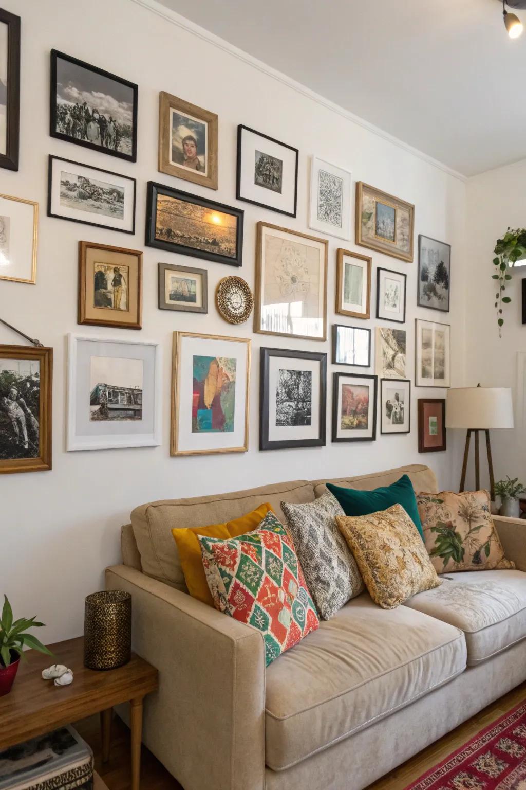 A customized display wall presenting treasured memories and artwork