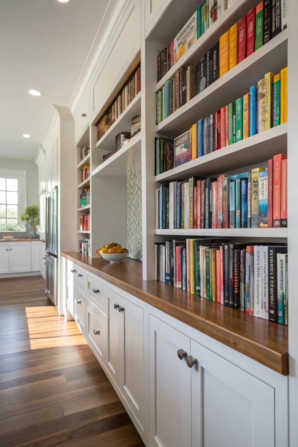 Custom-built shelves establish a unified aesthetic for storing cookbooks.