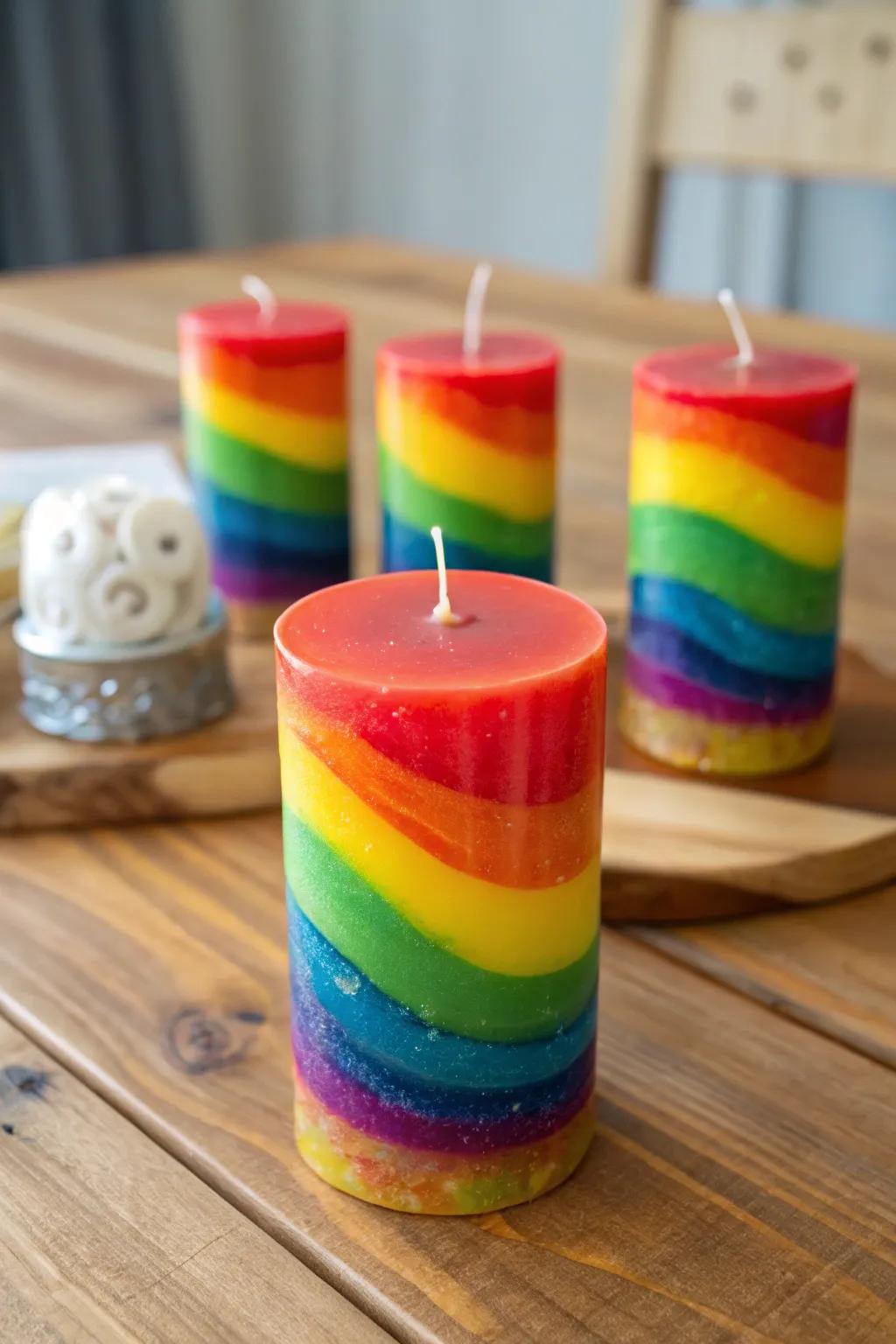 Multicolored wax layered candles inject a lively burst of color.