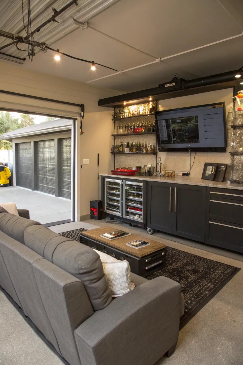 An entertainment space in the garage featuring cozy seating and a mini bar.