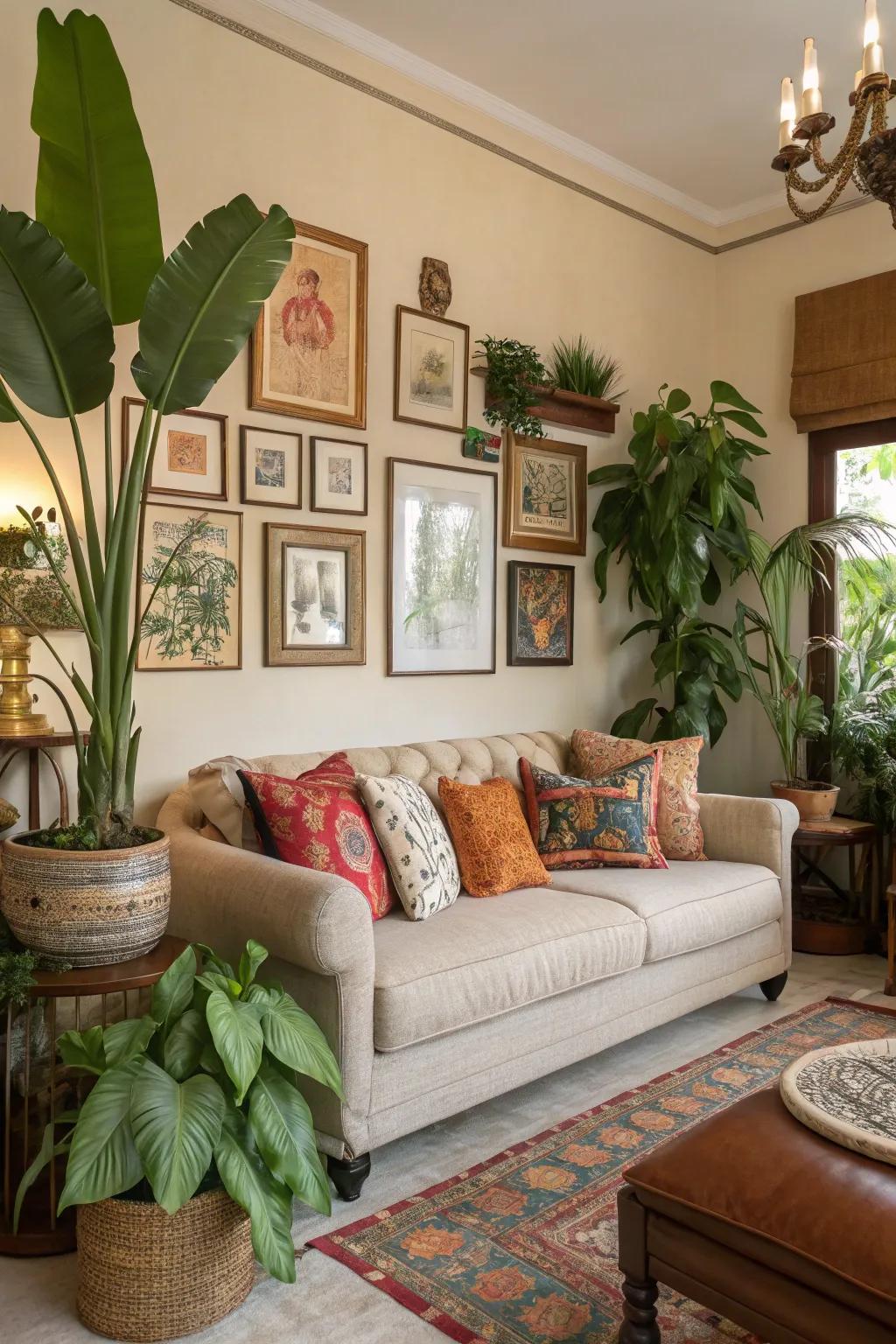 Art and natural components breathe animation into this exquisitely embellished living room.