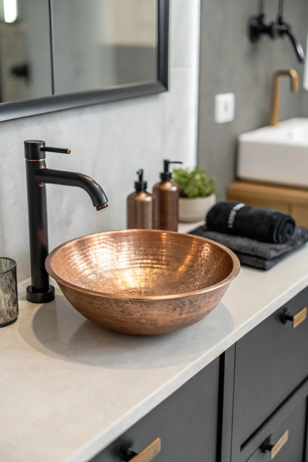 Metal basins impart distinction and elegance to bathroom washstands.