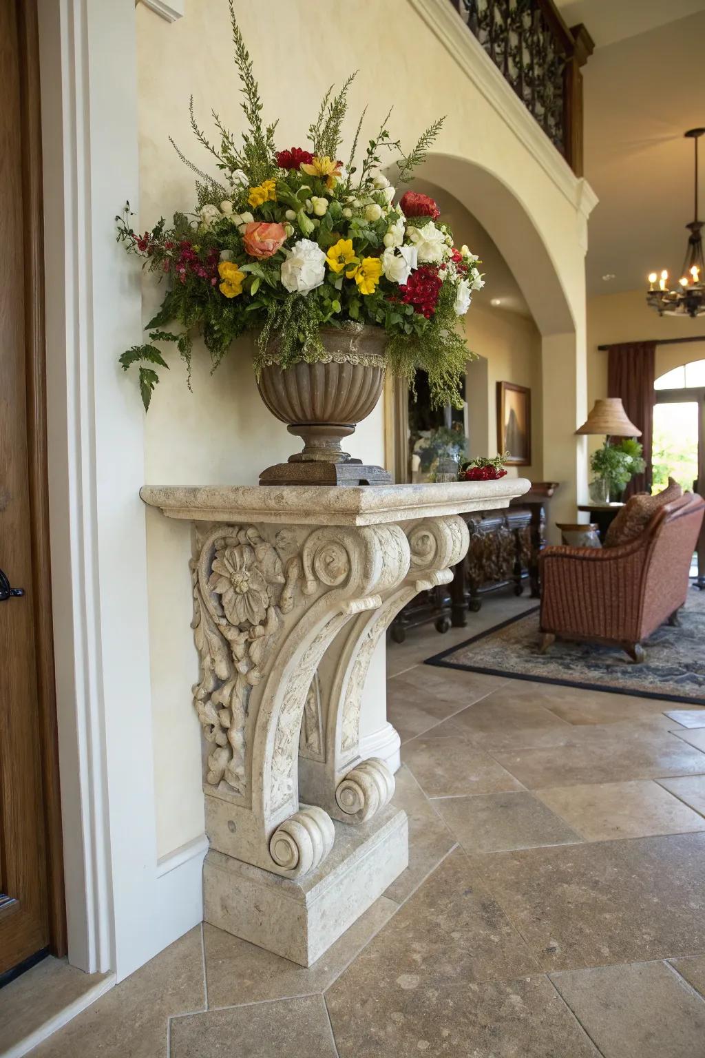 A bracket console creates a stylish statement in the passageway.
