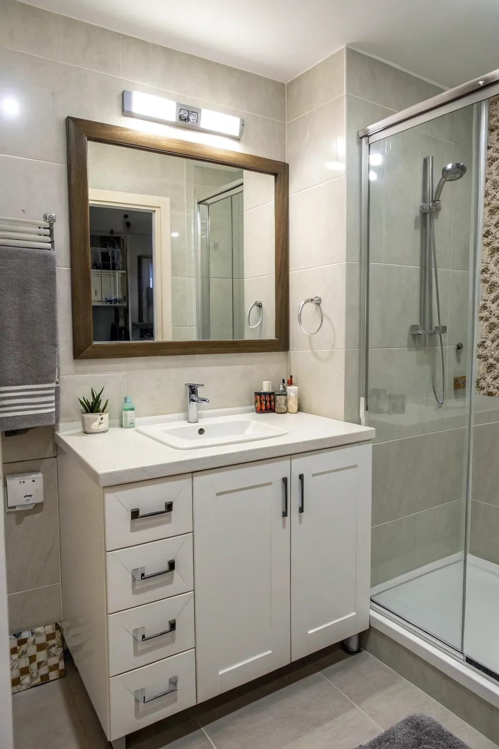 A corner vanity harmonizes utility with style.