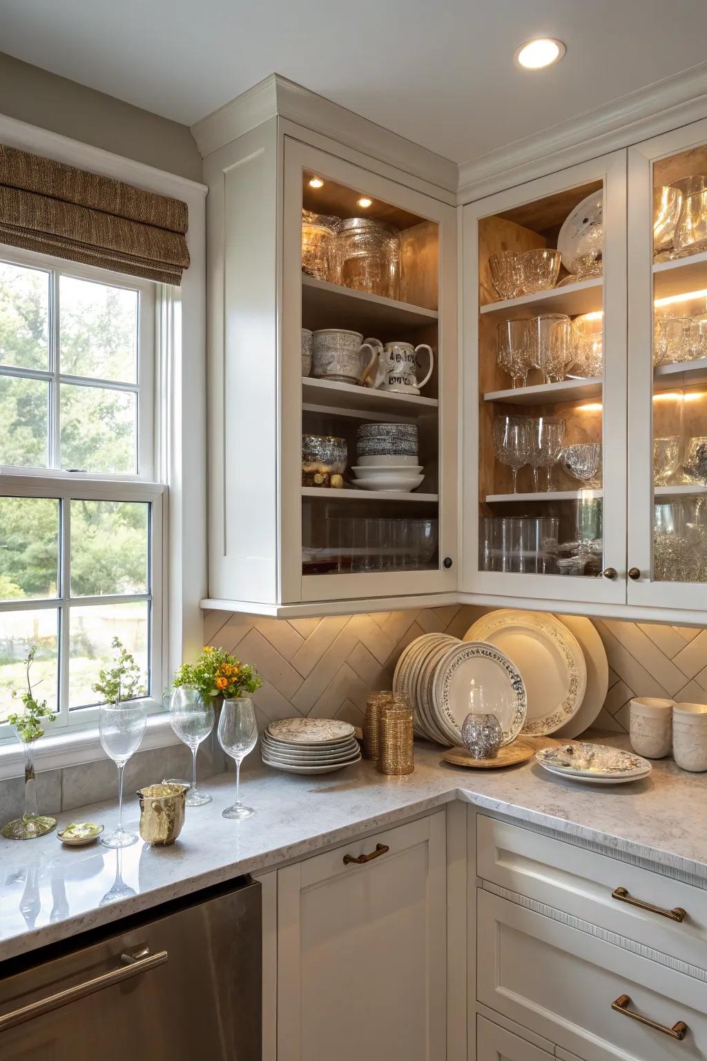 Angled cabinets establish a balanced flow, presenting a chance to display lovely items.