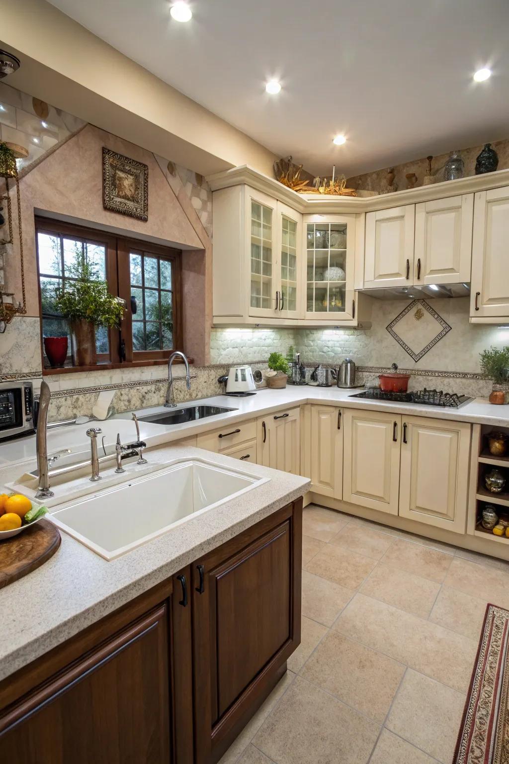 A diagonal corner sink delivering a larger counter space to promote fluid kitchen activities.