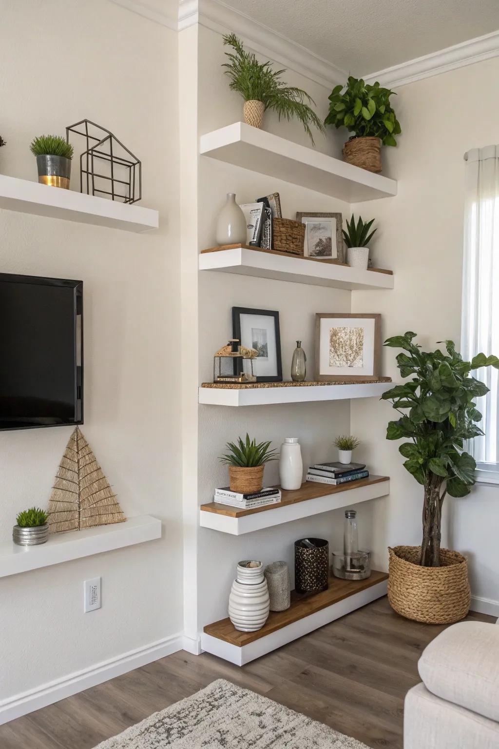 Minimalist wall-mounted corner shelves adorned with decorative items.