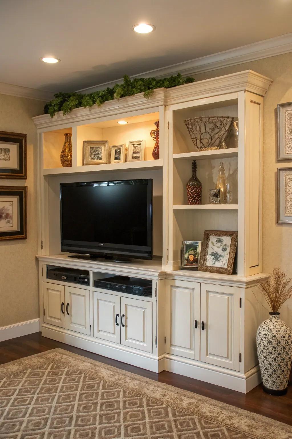 An entertainment center that transforms a corner into a multifunctional media hub.